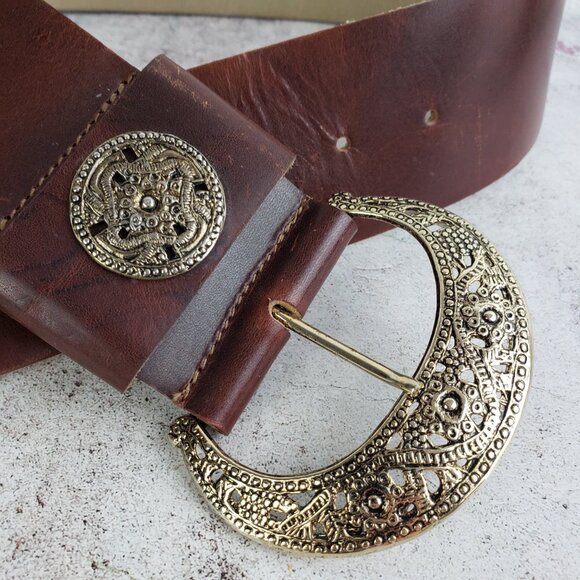 Vintage The RITZ Wide Leather Belt Brown Engraved Buckle Boho Western Whimsigoth - Picture 6 of 8
